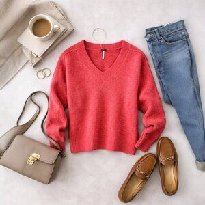 Free People Felted Wool V-Neck Sweater | Boiled Wool | Cozy Sculptural Knit | M